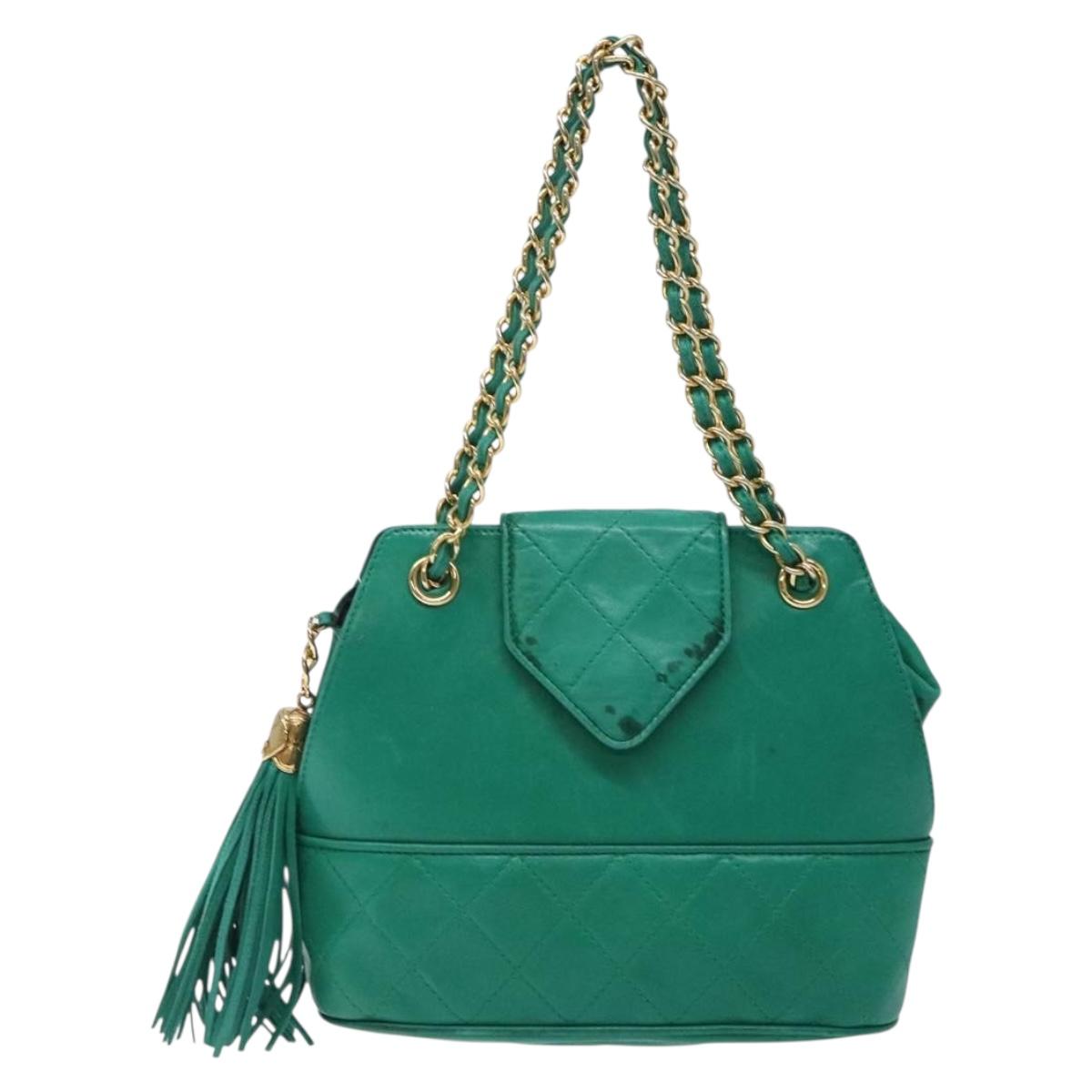 CHANEL Chain Hand Bag Lamb Skin Green Gold CC Auth gh309