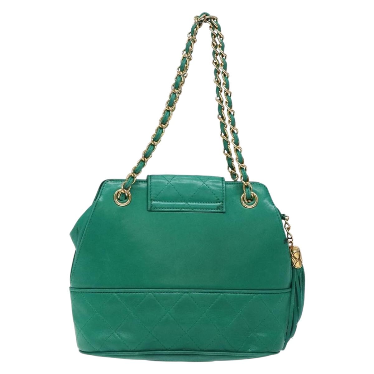 CHANEL Chain Hand Bag Lamb Skin Green Gold CC Auth gh309