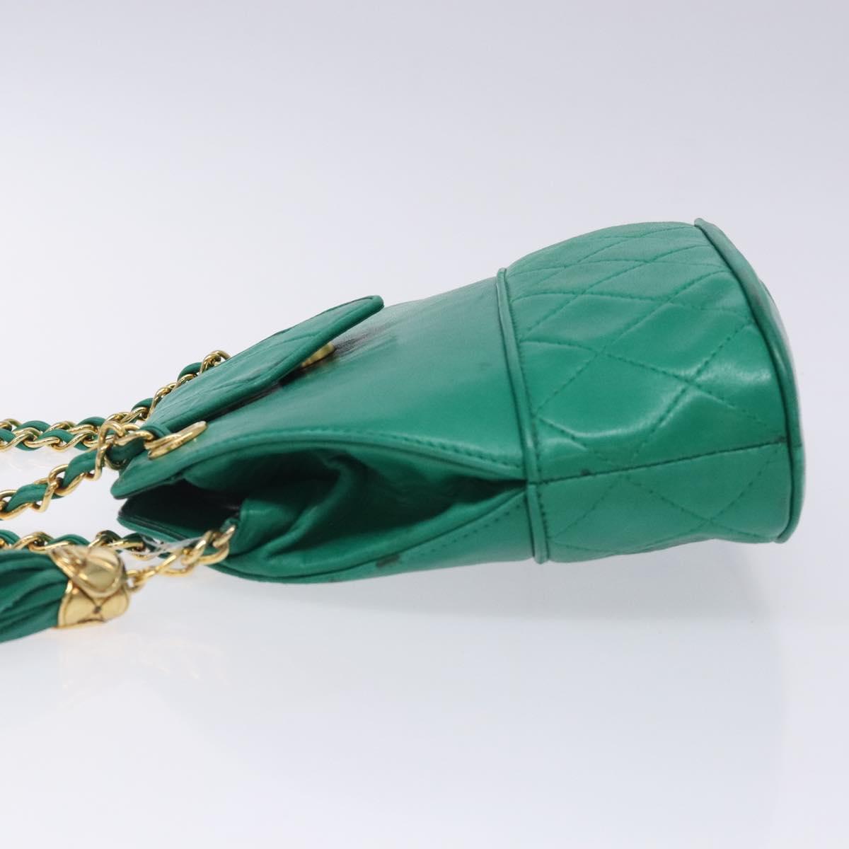 CHANEL Chain Hand Bag Lamb Skin Green Gold CC Auth gh309