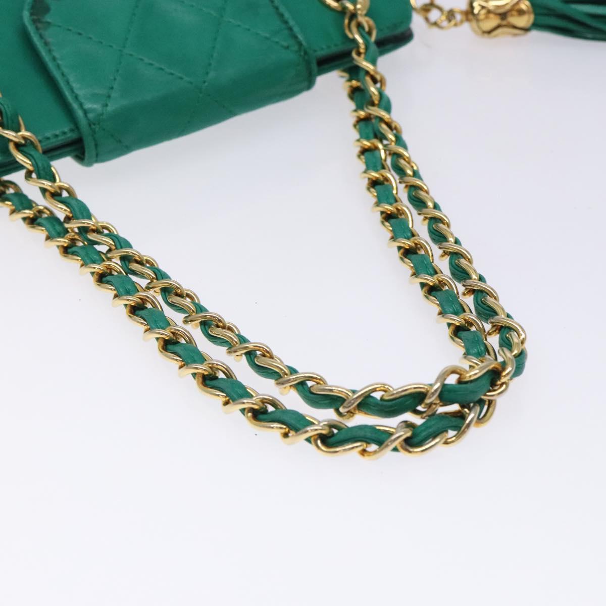 CHANEL Chain Hand Bag Lamb Skin Green Gold CC Auth gh309