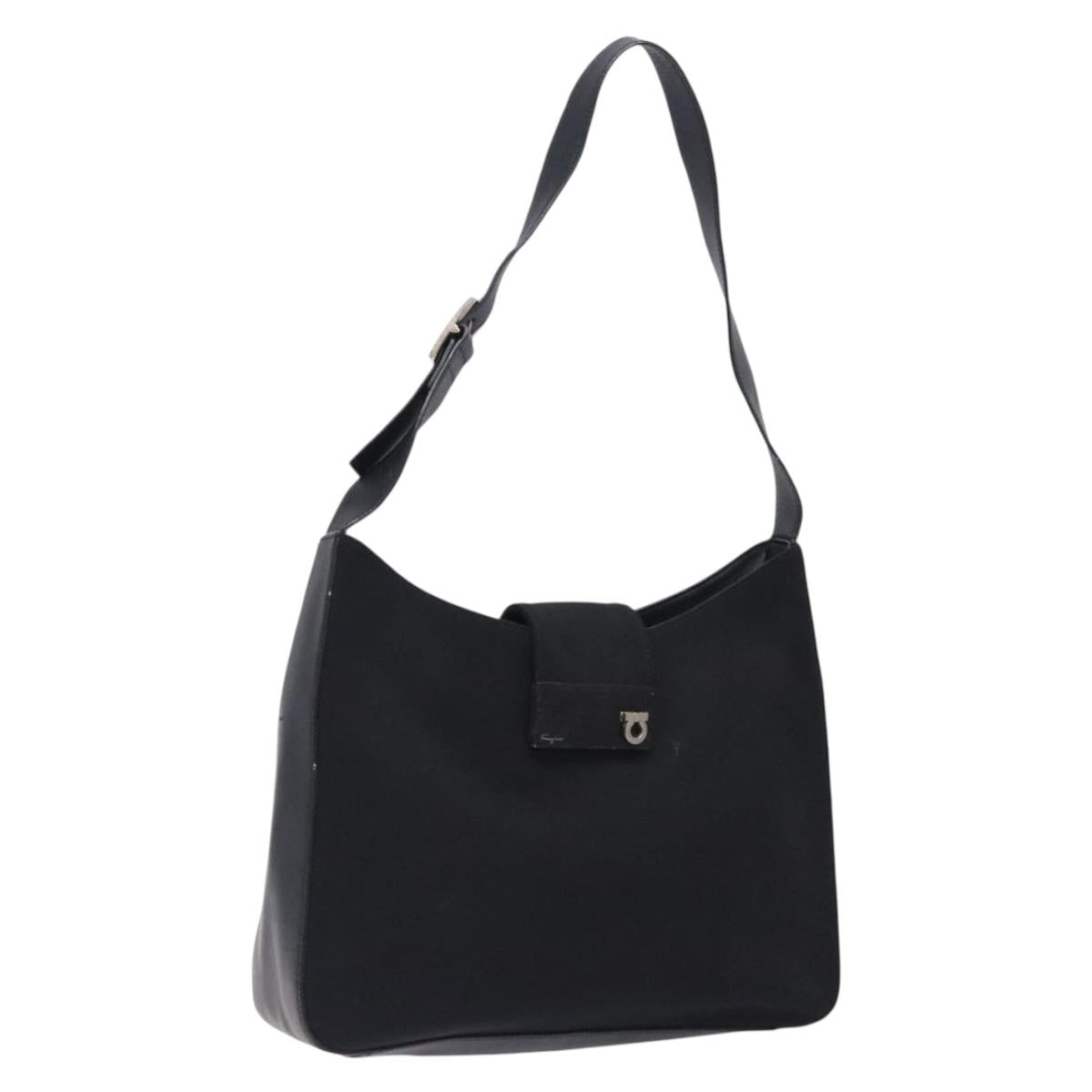 Salvatore Ferragamo Gancini Shoulder Bag Nylon Navy Silver Auth gh333