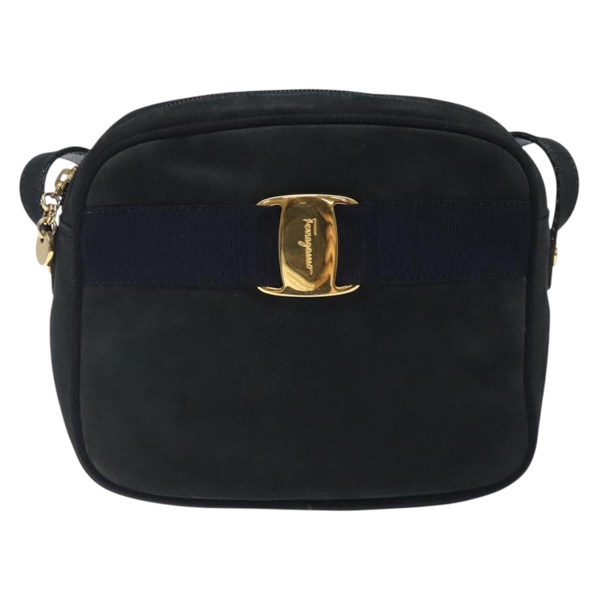 Salvatore Ferragamo Vala Shoulder Bag Suede Navy Gold Auth gh351