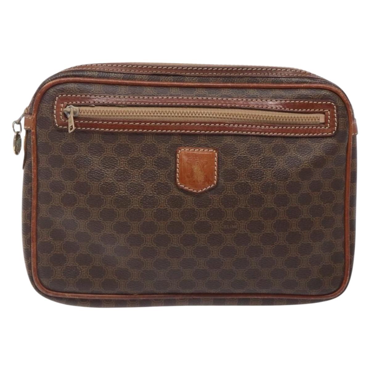 CELINE Macadam Canvas Clutch Bag PVC Leather Brown Gold Auth gh359