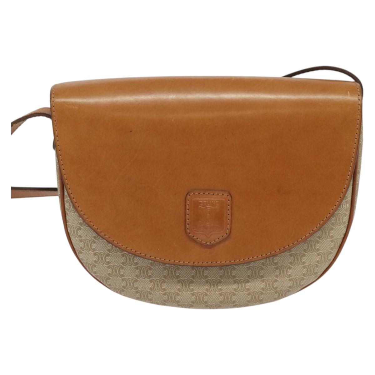 CELINE Macadam Canvas Shoulder Bag PVC Leather Beige Gold Auth gh480