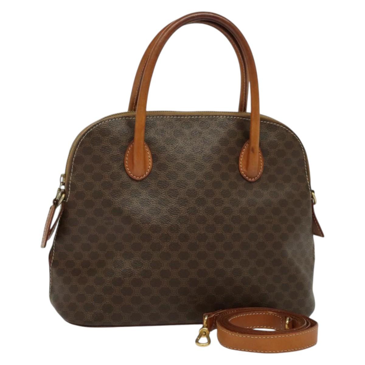 CELINE Macadam Canvas Hand Bag PVC Leather 2way Brown Gold Auth gh488