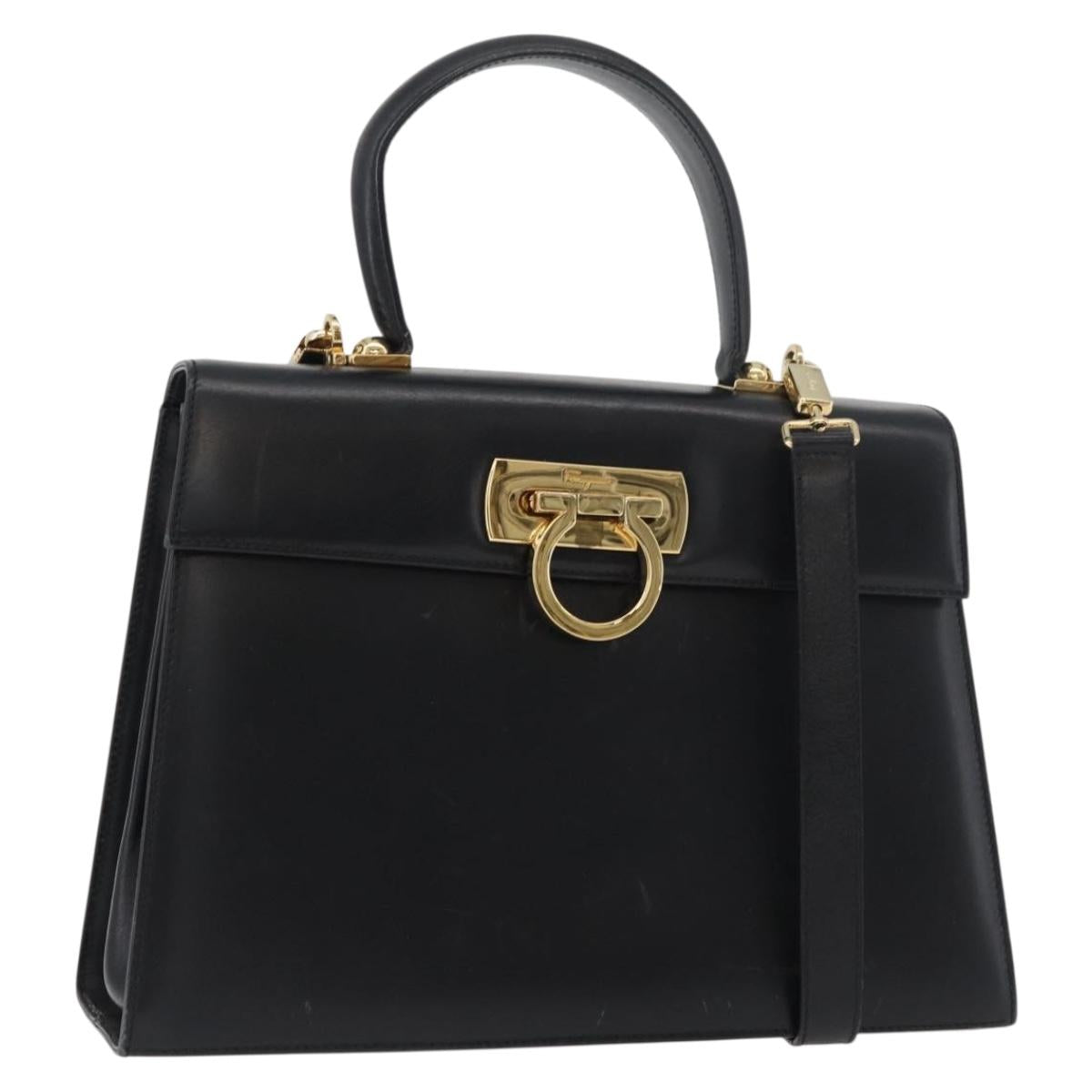 Salvatore Ferragamo Gancini Hand Bag Leather 2way Black Gold Auth gh504