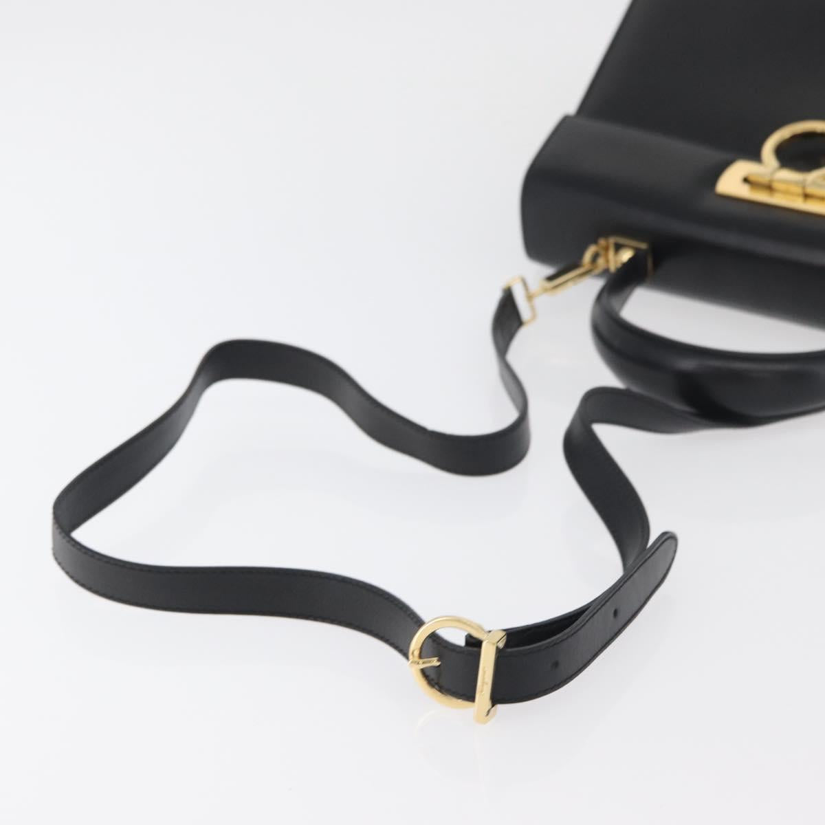 Salvatore Ferragamo Gancini Hand Bag Leather 2way Black Gold Auth gh504