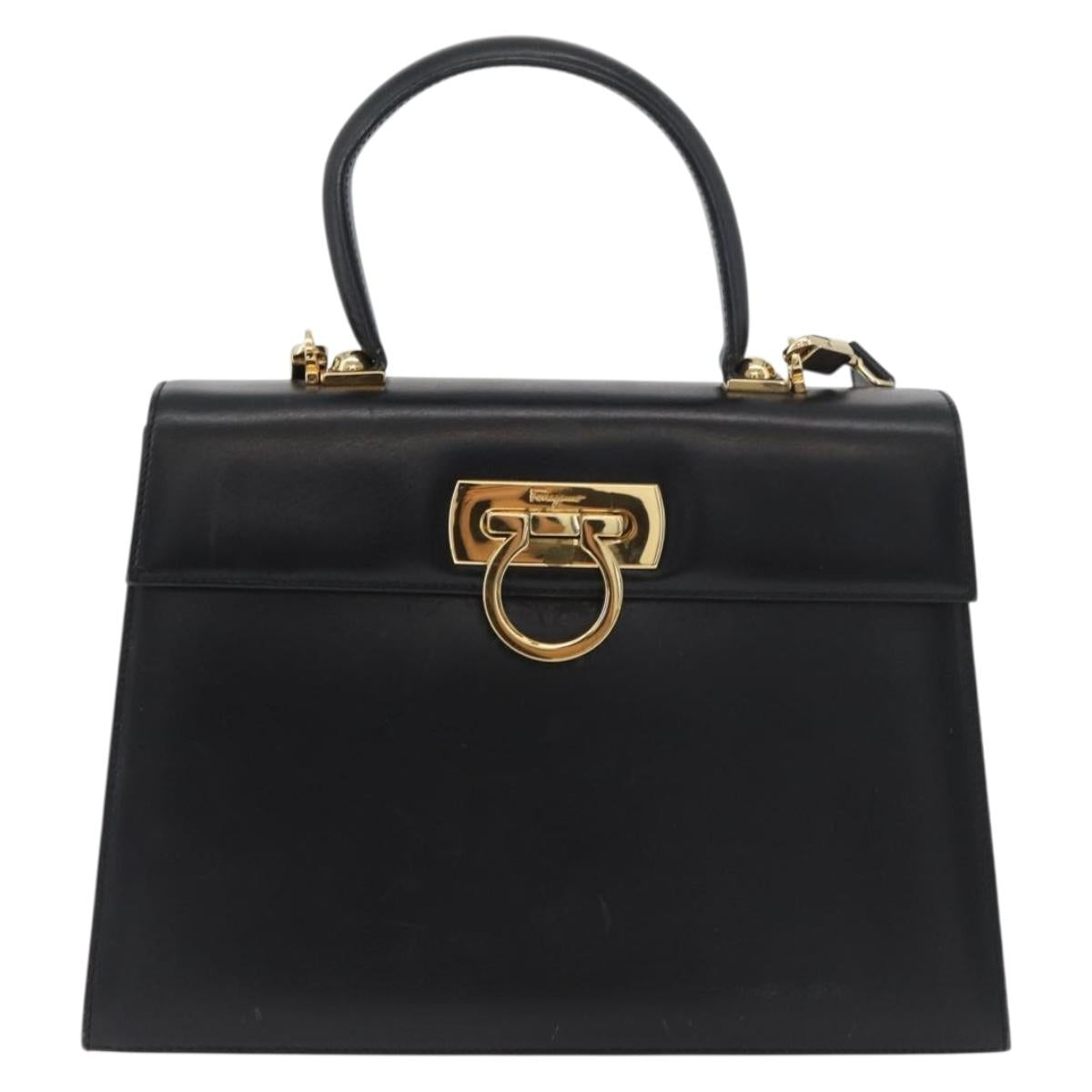 Salvatore Ferragamo Gancini Hand Bag Leather 2way Black Gold Auth gh504