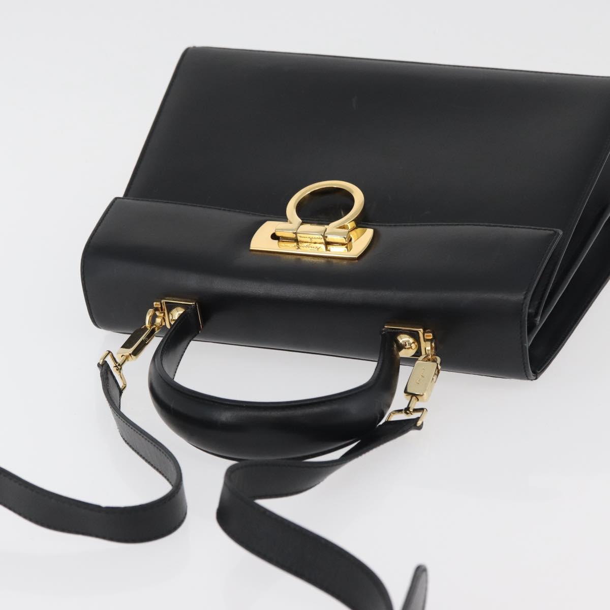 Salvatore Ferragamo Gancini Hand Bag Leather 2way Black Gold Auth gh504