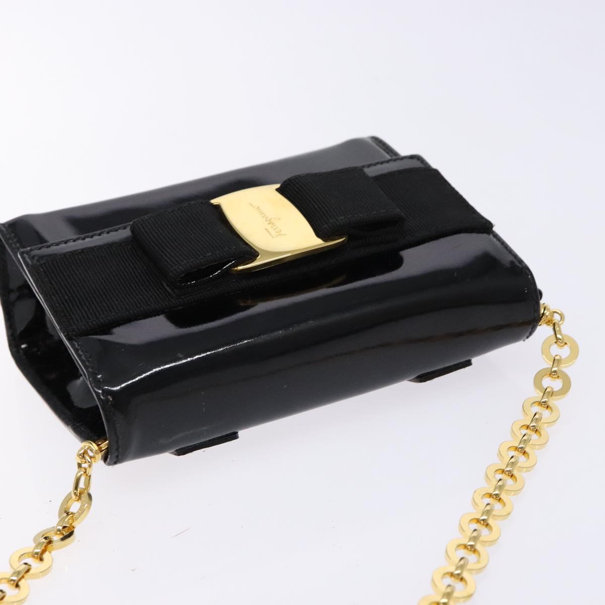 Salvatore Ferragamo Chain Shoulder Bag Enamel Black Gold Auth gh509