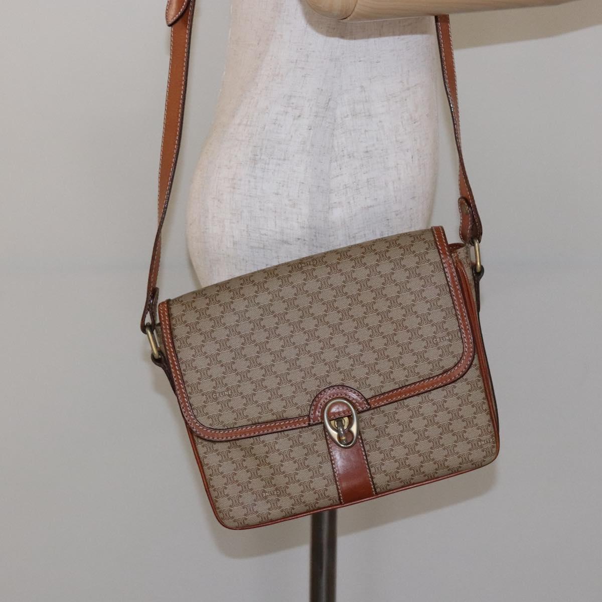 CELINE Macadam Canvas Shoulder Bag PVC Beige Gold Auth gh516