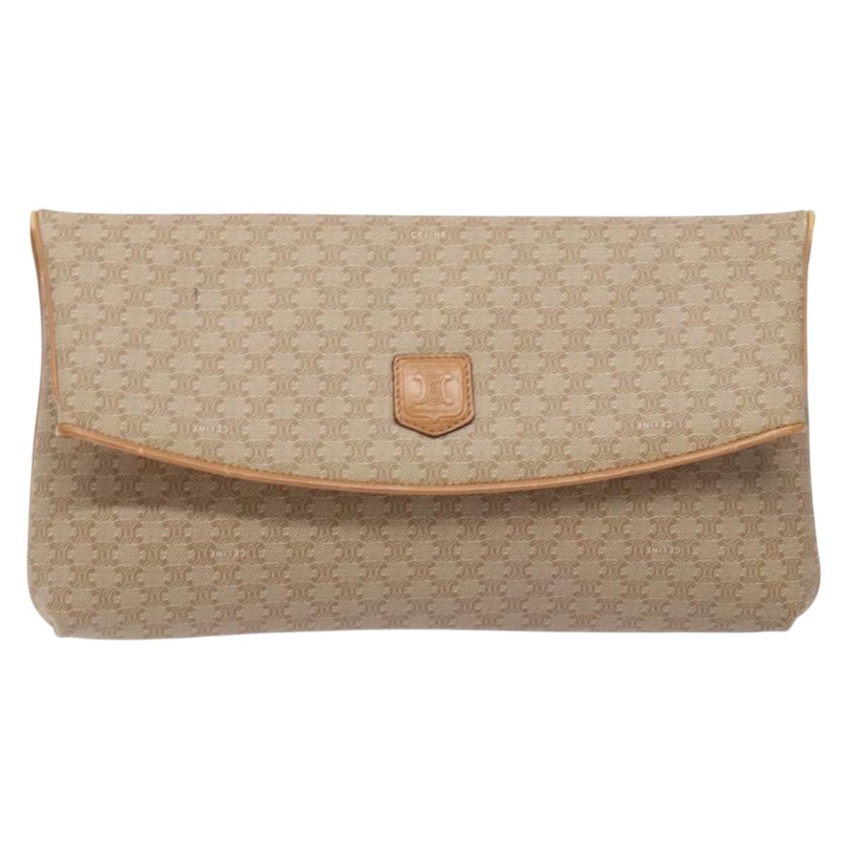 CELINE Macadam Canvas Clutch Bag PVC Beige Gold Auth gh557