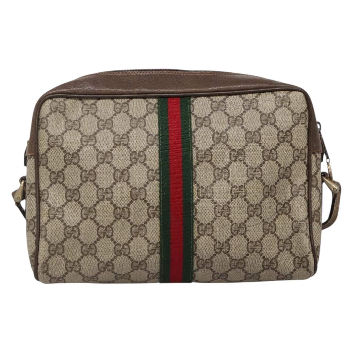 GUCCI GG Supreme Web Sherry Line Shoulder Bag PVC Beige Gold Red Auth gh559
