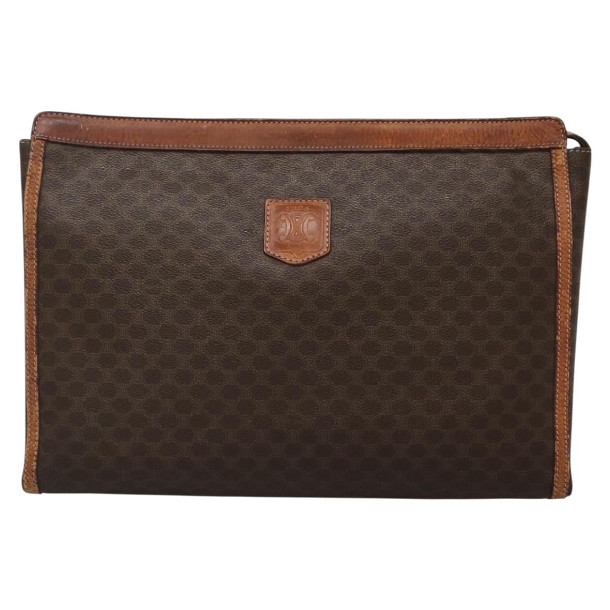 CELINE Macadam Canvas Clutch Bag PVC Leather Brown Auth gh579