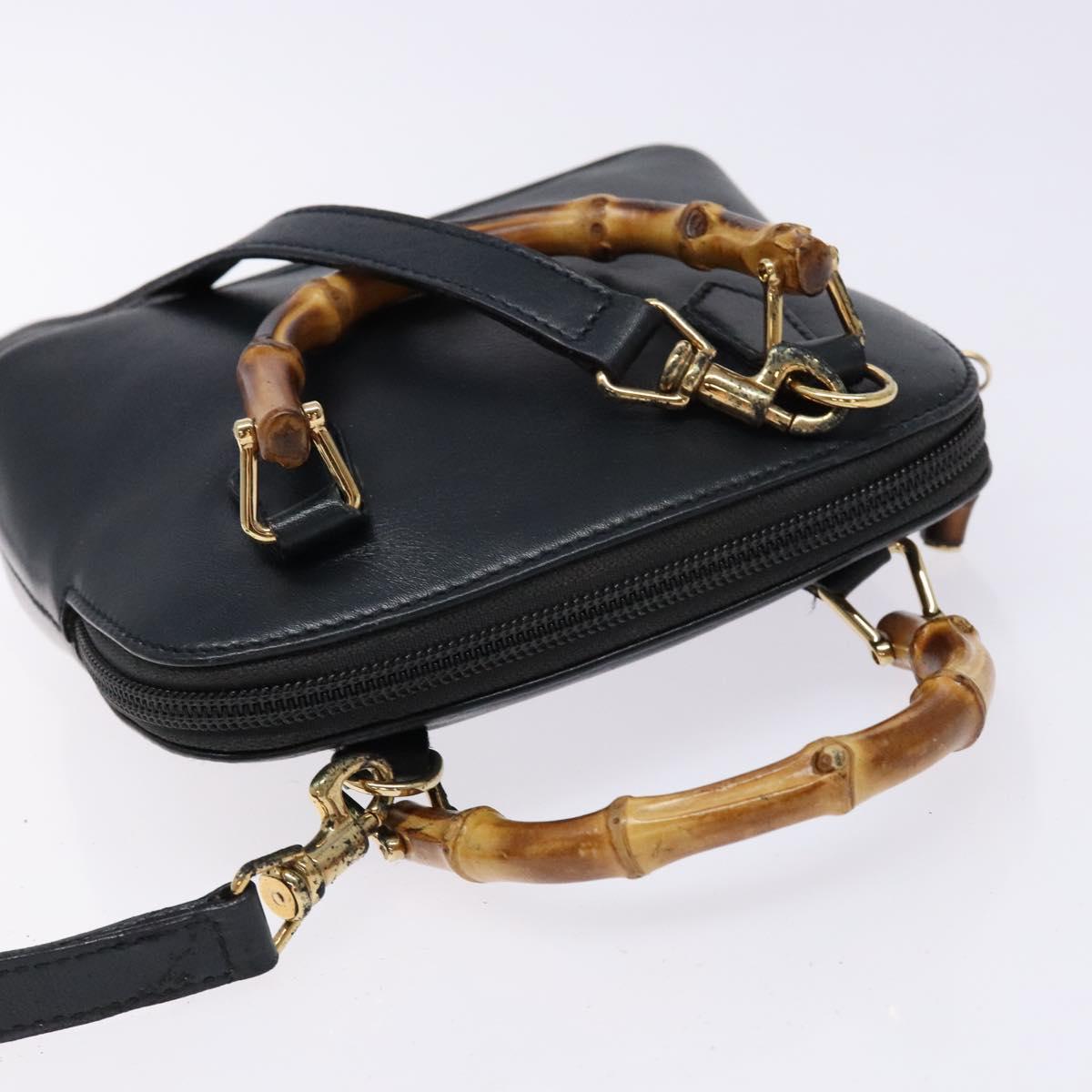 GUCCI Bamboo Hand Bag Leather 2way Black Gold 007 2032 0231 Auth gh595