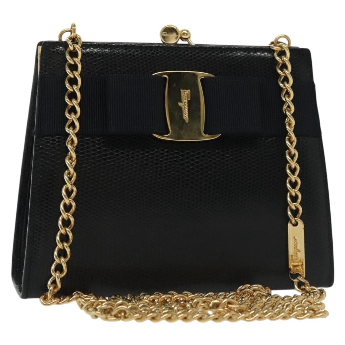 Salvatore Ferragamo Vala Chain Shoulder Bag Leather Navy Gold Auth gh620