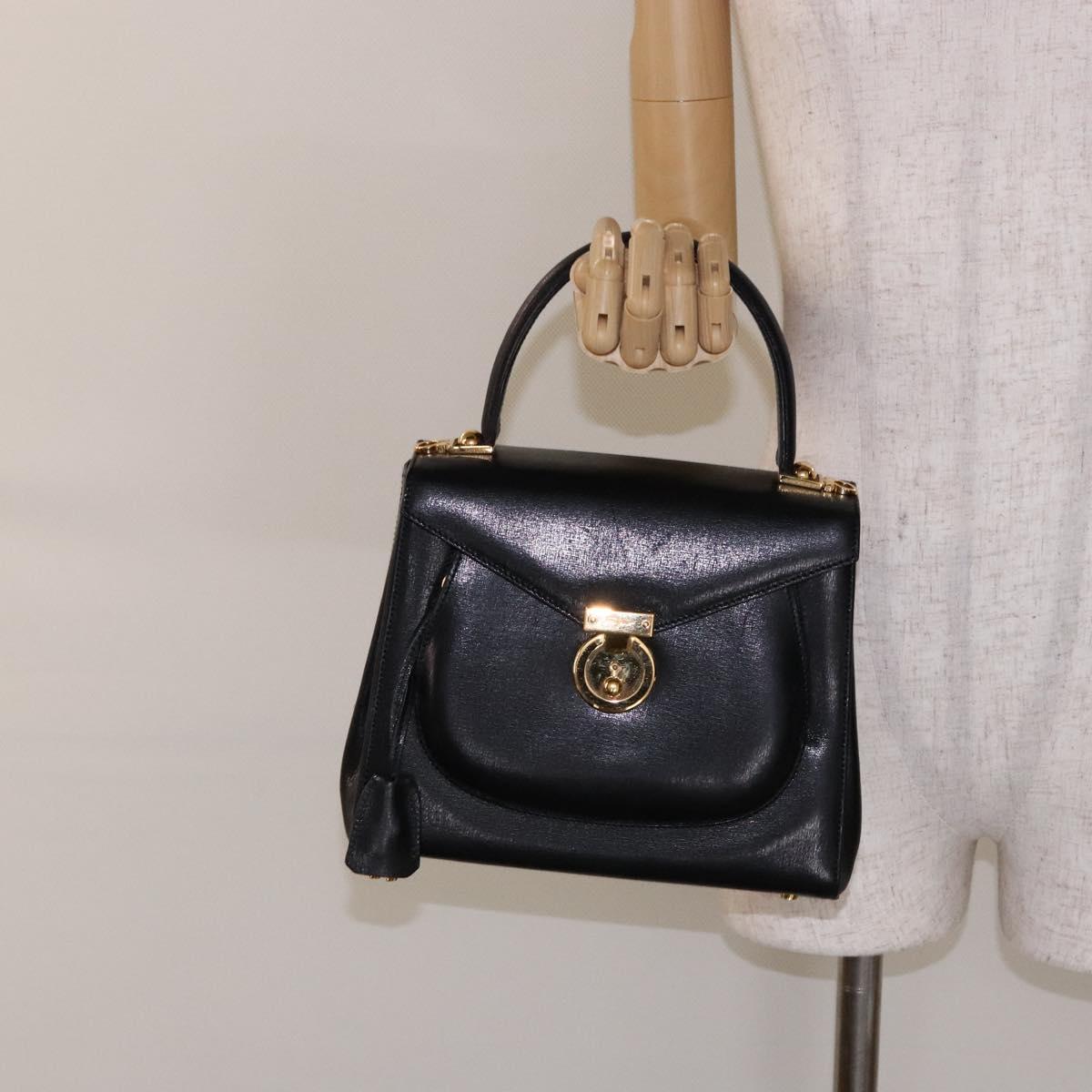 Salvatore Ferragamo Hand Bag Leather 2way Black Gold Auth gh621