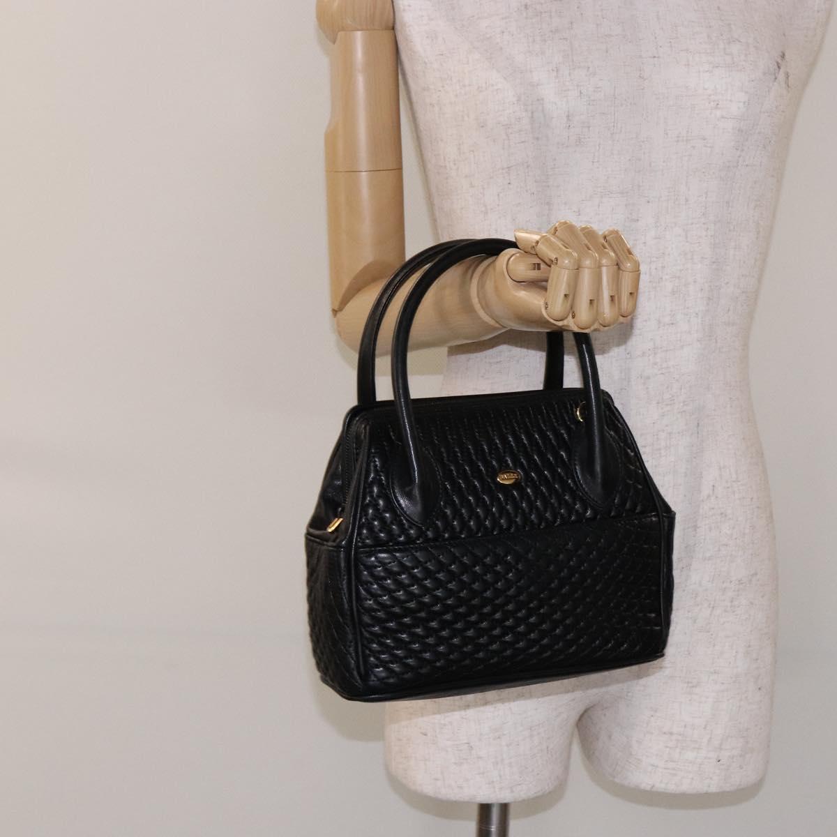BALLY Quilted Hand Bag Leather 2way Gold Black Auth gh622