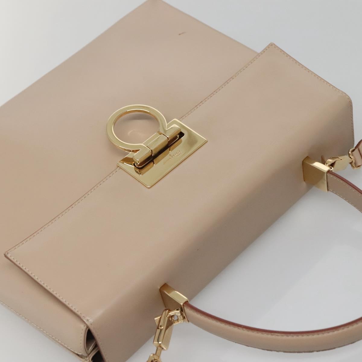 Salvatore Ferragamo Gancini Hand Bag Leather 2way Beige Gold Auth gh629