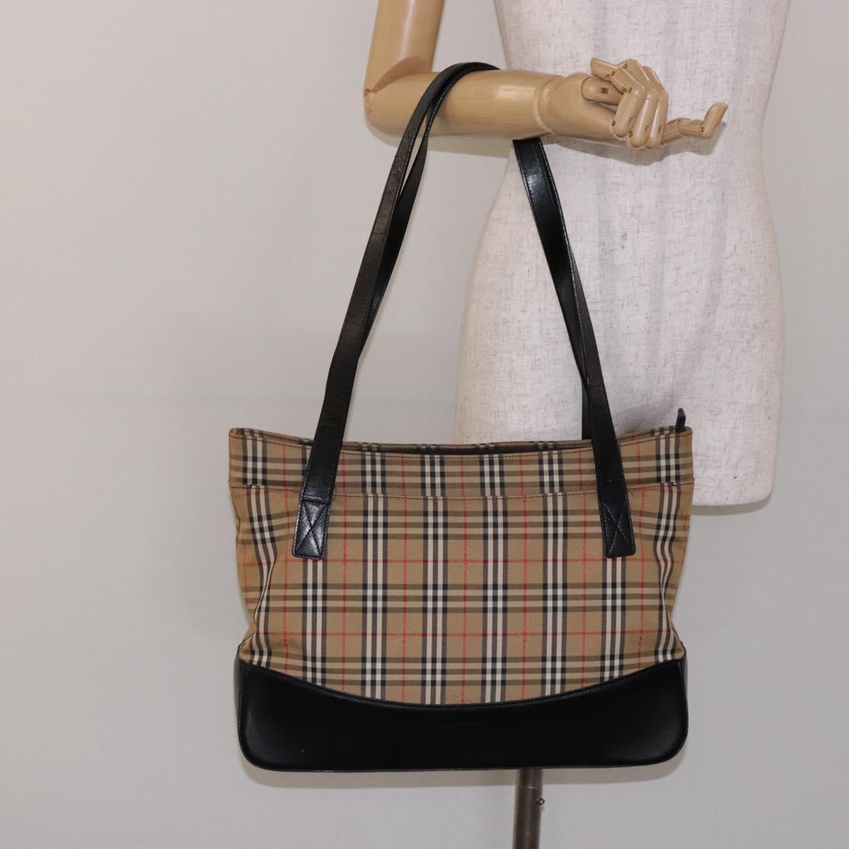 Burberrys Nova Check Tote Bag Canvas Leather Beige Gold Auth gh641
