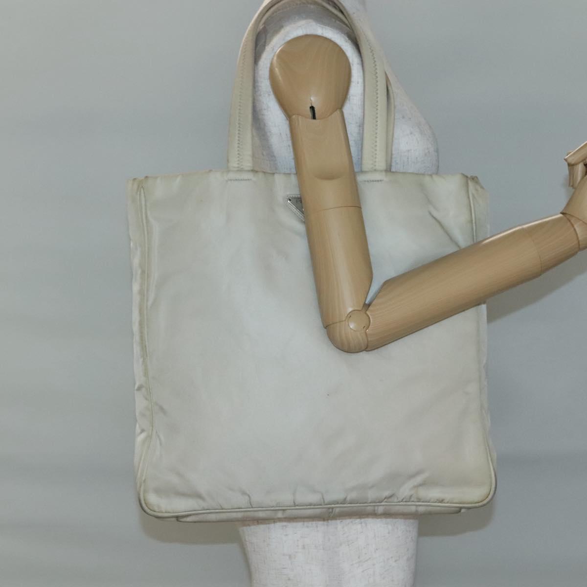 PRADA Tote Bag Nylon Beige Silver Auth gh666