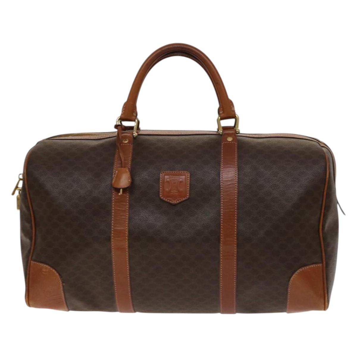 CELINE Macadam Canvas Boston Bag PVC Brown Gold Auth gh671