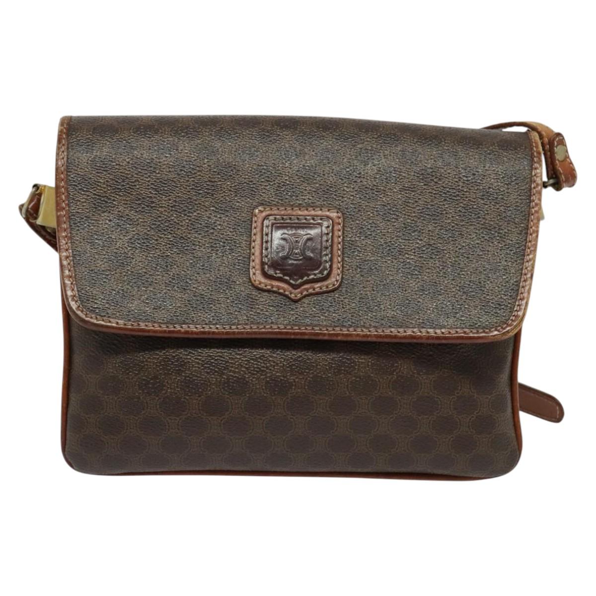 CELINE Macadam Canvas Shoulder Bag PVC Leather Brown Gold Auth gh672