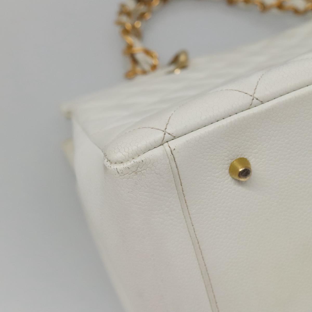 CHANEL COCO Mark Chain Hand Bag Caviar Skin White Gold CC Auth gh687