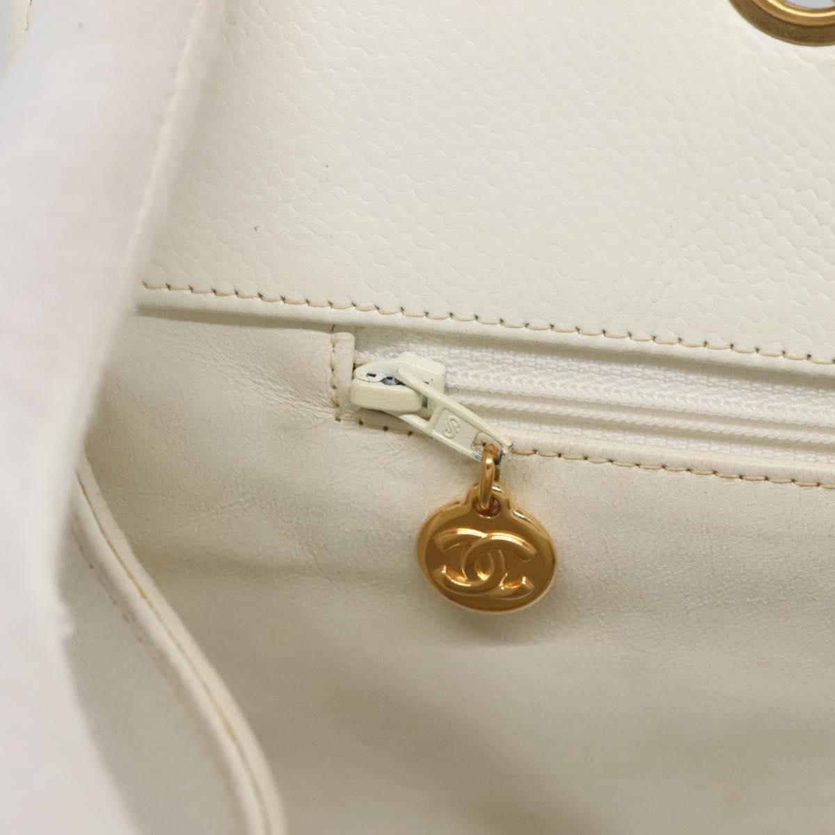 CHANEL COCO Mark Chain Hand Bag Caviar Skin White Gold CC Auth gh687