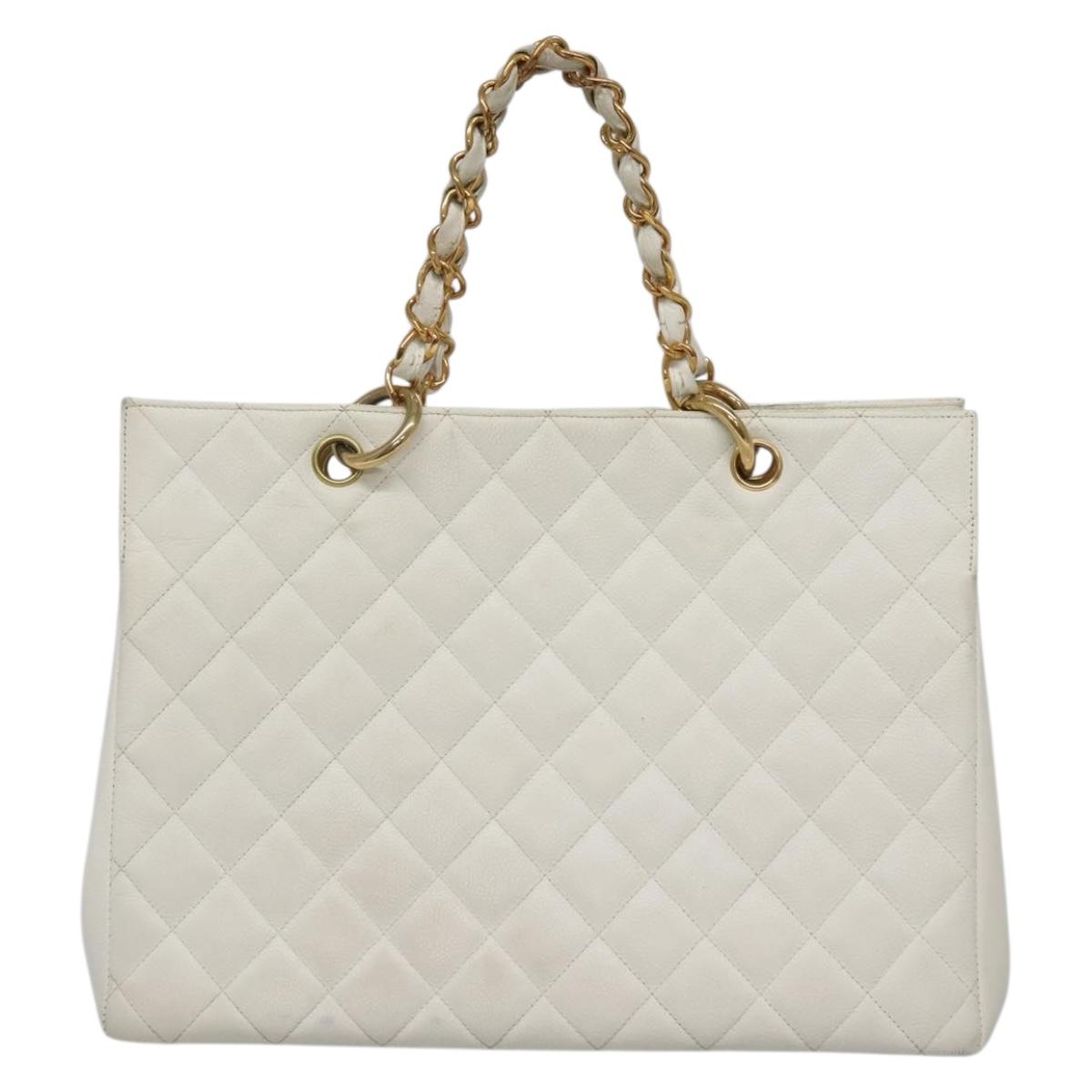 CHANEL COCO Mark Chain Hand Bag Caviar Skin White Gold CC Auth gh687