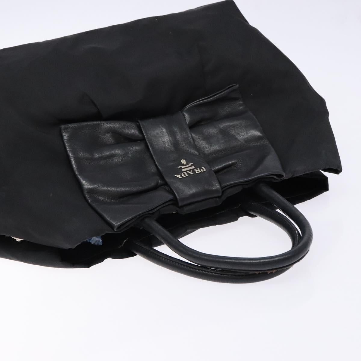 PRADA Ribbon Hand Bag Leather Nylon Black Silver Auth gh713