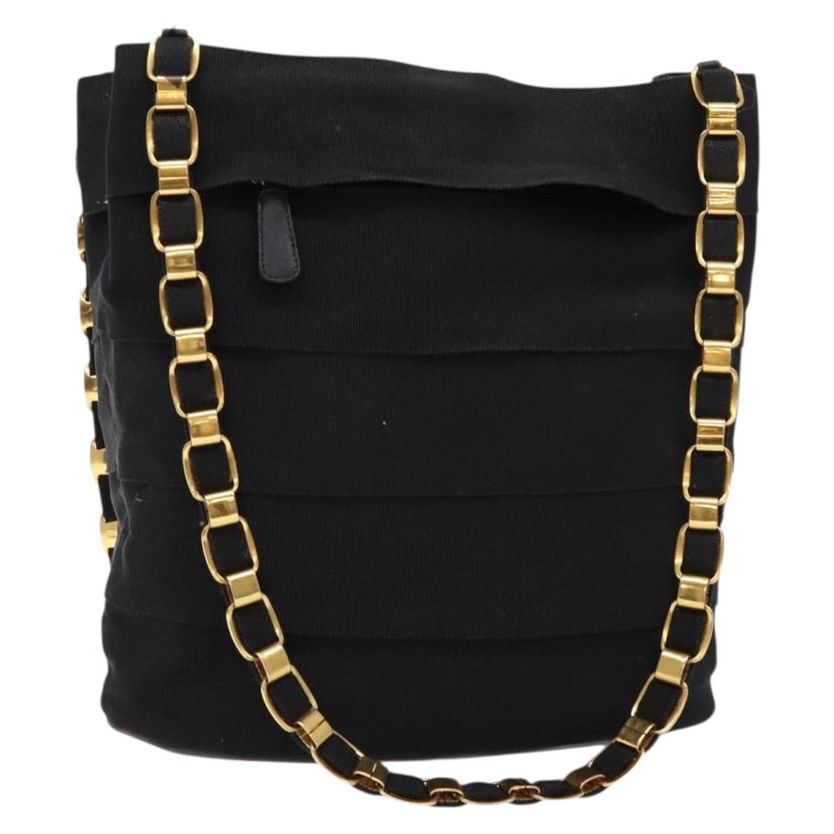 Salvatore Ferragamo Chain Shoulder Bag Canvas Black Gold Auth gh718