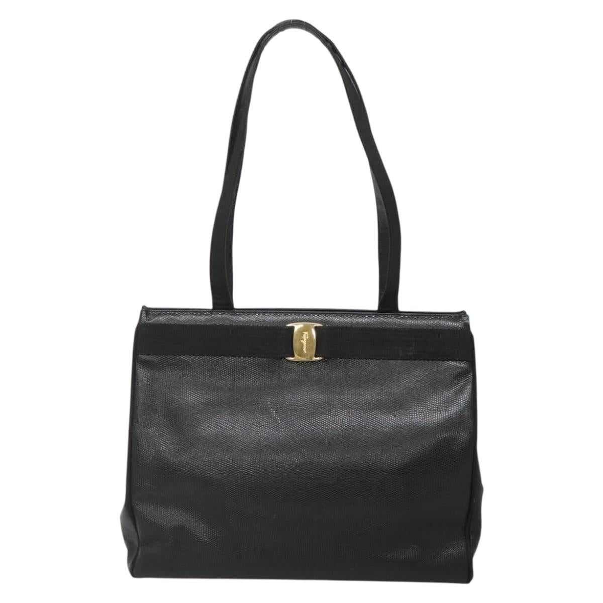 Salvatore Ferragamo Vala Tote Bag Leather Black Gold Auth gh727