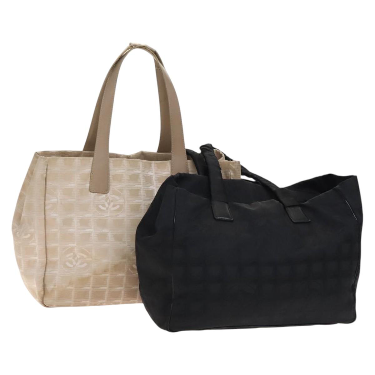 CHANEL New Travel line Tote Bag Nylon 2Set Beige Black CC Auth gh728
