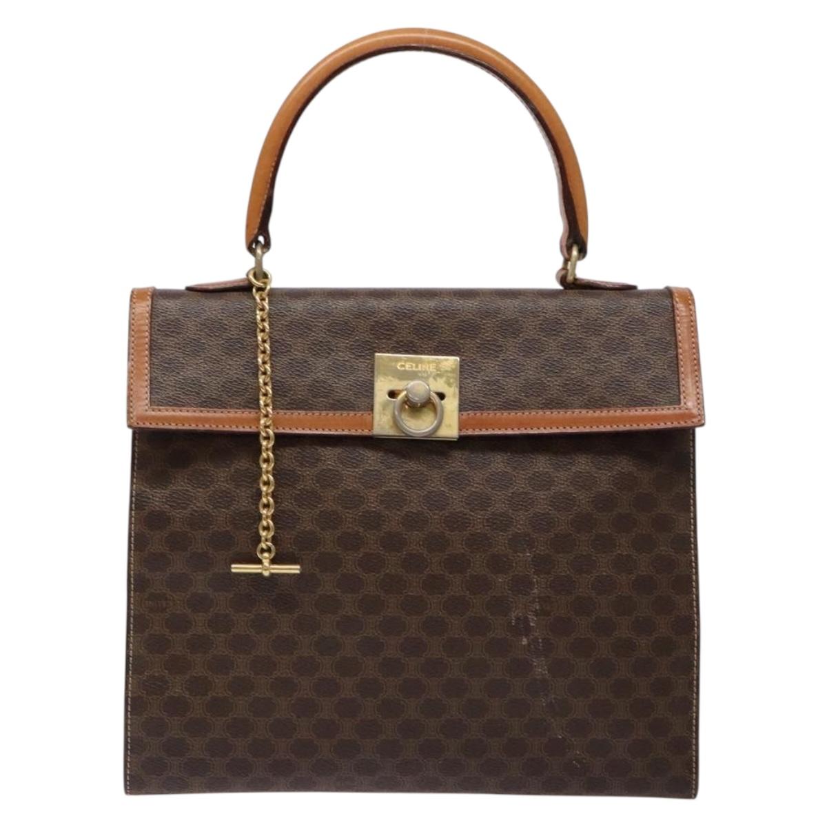 CELINE Macadam Canvas Hand Bag PVC Leather Brown Gold Auth gh737