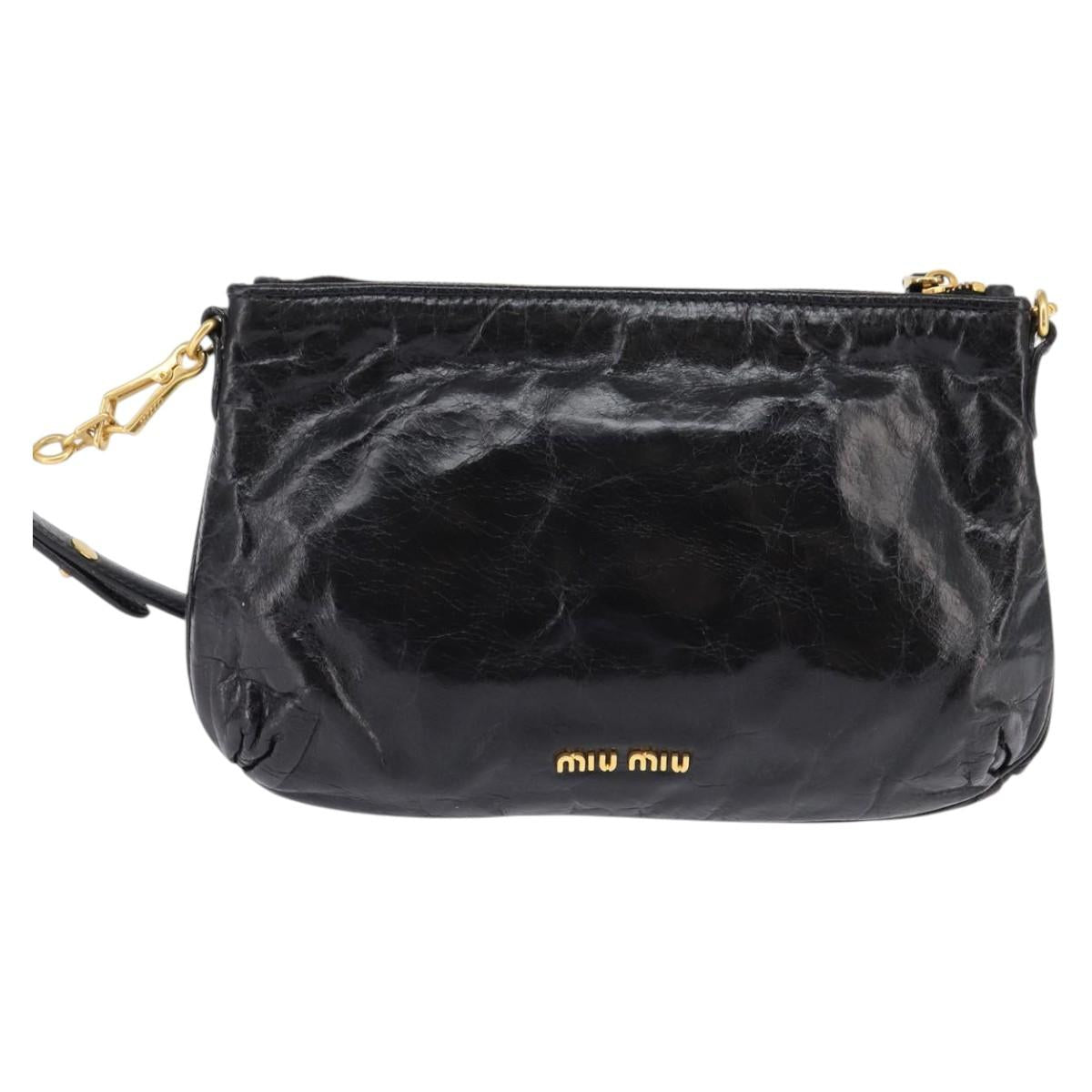 Miu Miu Accessory Pouch Leather Black Gold Auth gh767