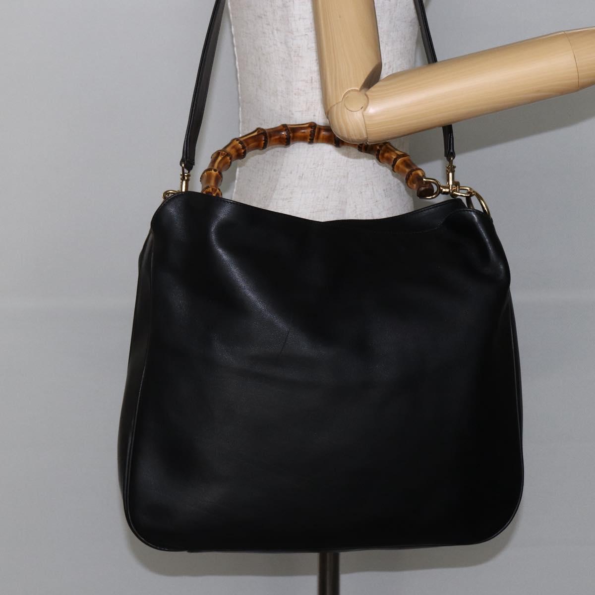 GUCCI Bamboo Hand Bag Leather 2way Black Gold 001 1577 8270 Auth gh768