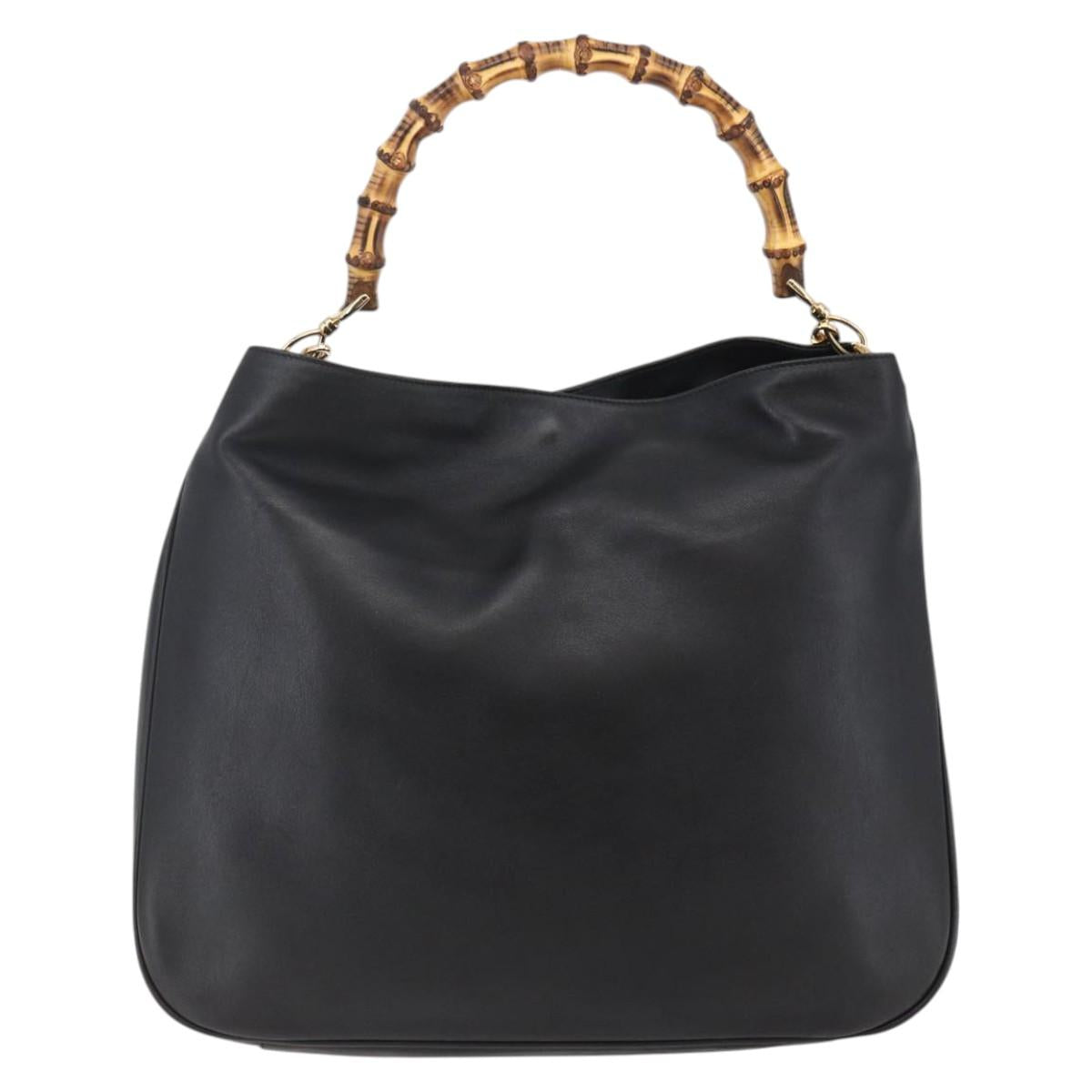 GUCCI Bamboo Hand Bag Leather 2way Black Gold 001 1577 8270 Auth gh768
