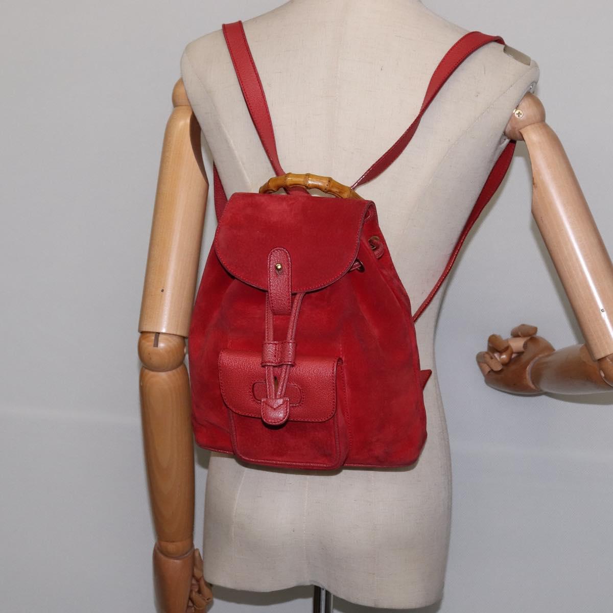 GUCCI Bamboo Backpack Suede Leather Red Gold 003 8030 Auth gh770
