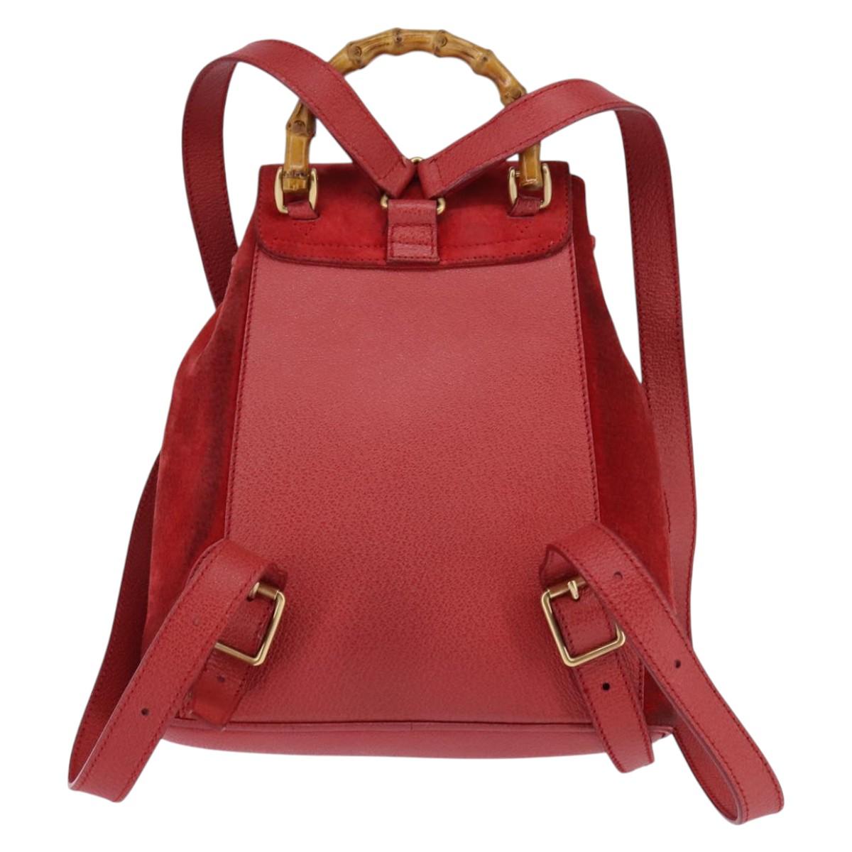 GUCCI Bamboo Backpack Suede Leather Red Gold 003 8030 Auth gh770