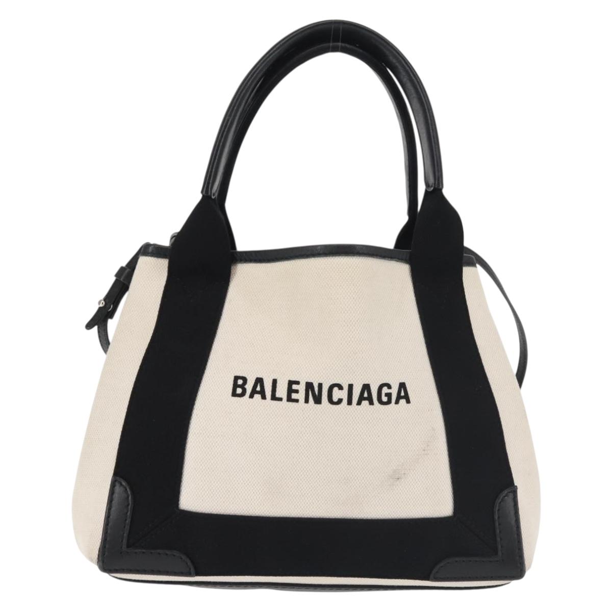 BALENCIAGA Navy Cabas XS Bag Canvas Leather White Black Silver 390346 Auth gh775
