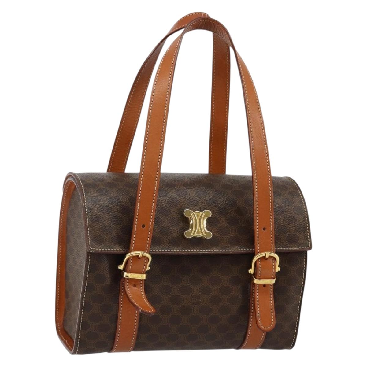 CELINE Macadam Canvas Hand Bag PVC Leather Brown Gold Auth gh783