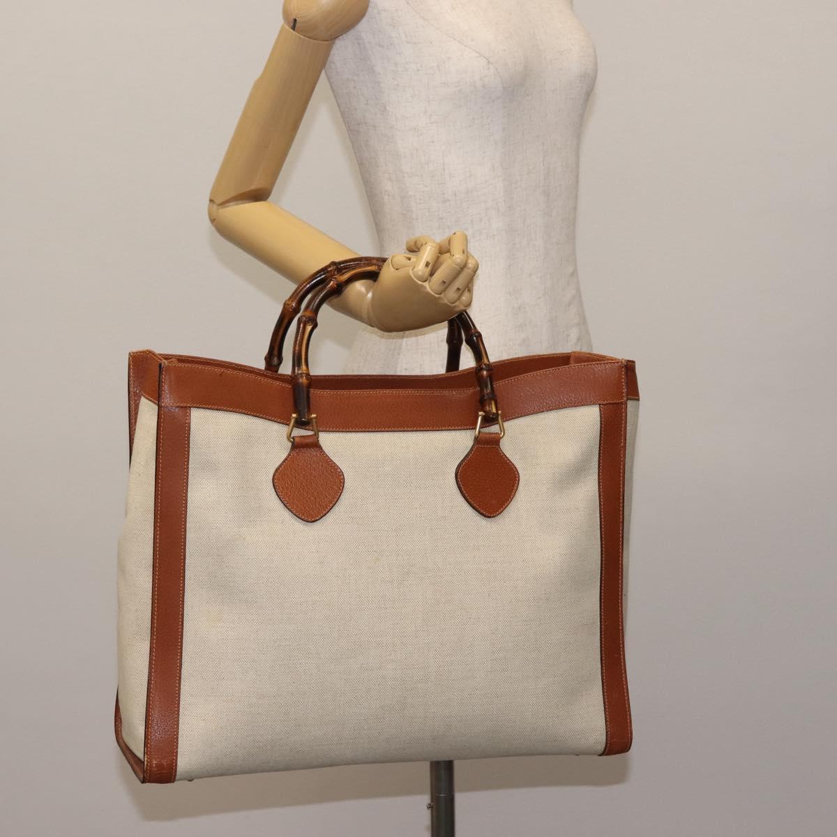 GUCCI Bamboo Tote Bag Canvas Beige Gold Auth gh786