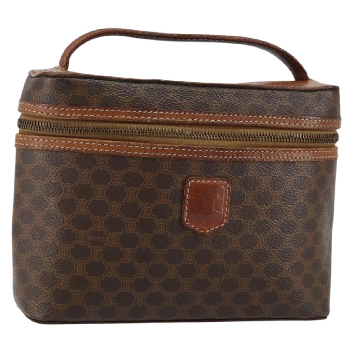 CELINE Macadam Canvas Vanity Pouch PVC Leather Brown Gold Auth gh813