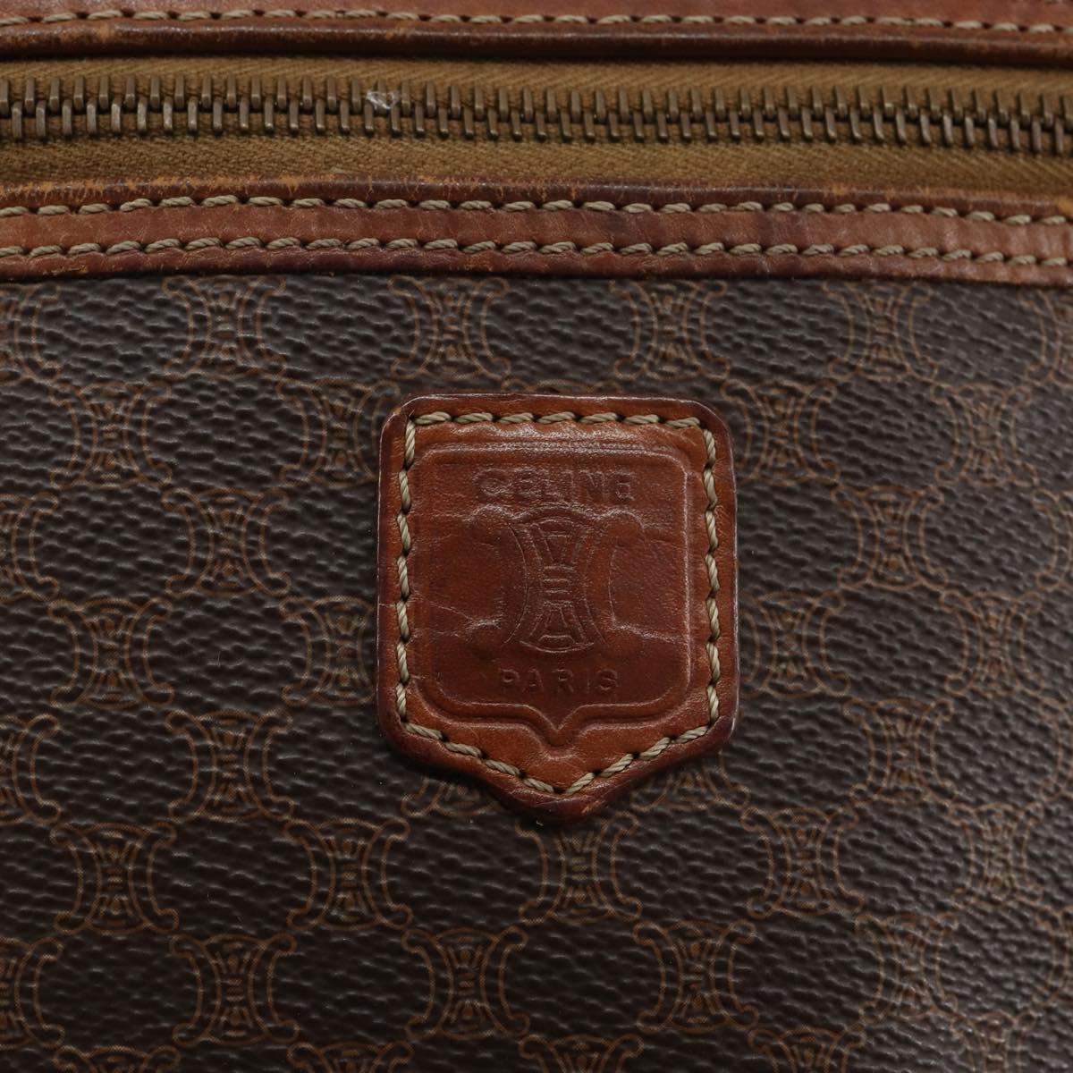 CELINE Macadam Canvas Vanity Pouch PVC Leather Brown Gold Auth gh813