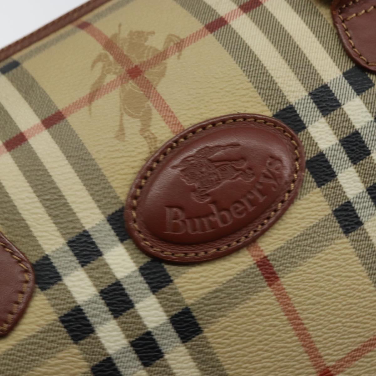Burberrys Nova Check Boston Bag PVC Beige Gold Auth gh829
