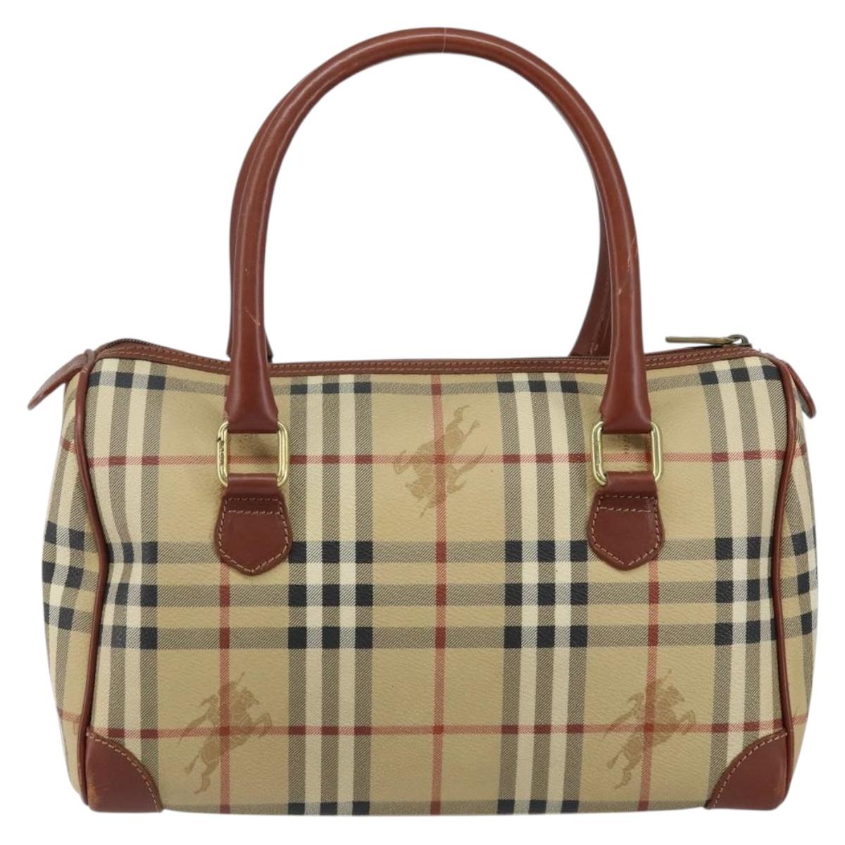 Burberrys Nova Check Boston Bag PVC Beige Gold Auth gh829