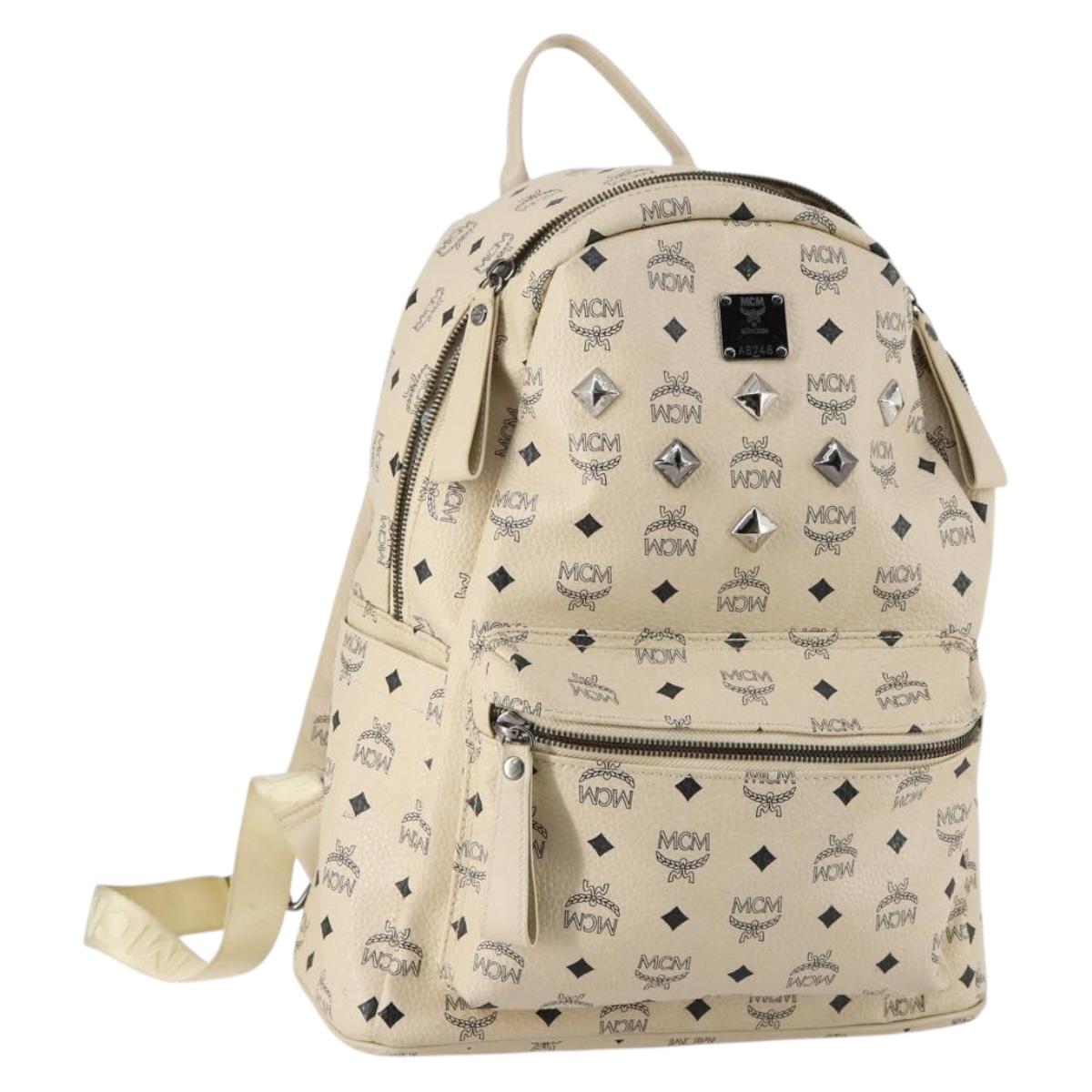 MCM Vicetos Logogram Backpack PVC Leather White Silver Auth gh883