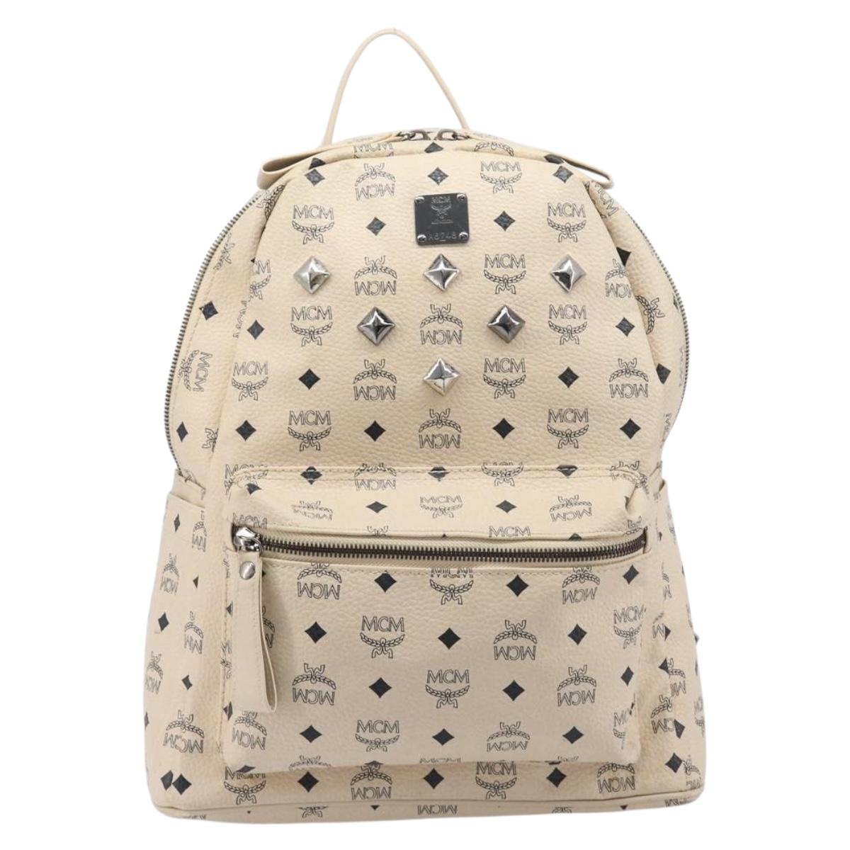 MCM Vicetos Logogram Backpack PVC Leather White Silver Auth gh883