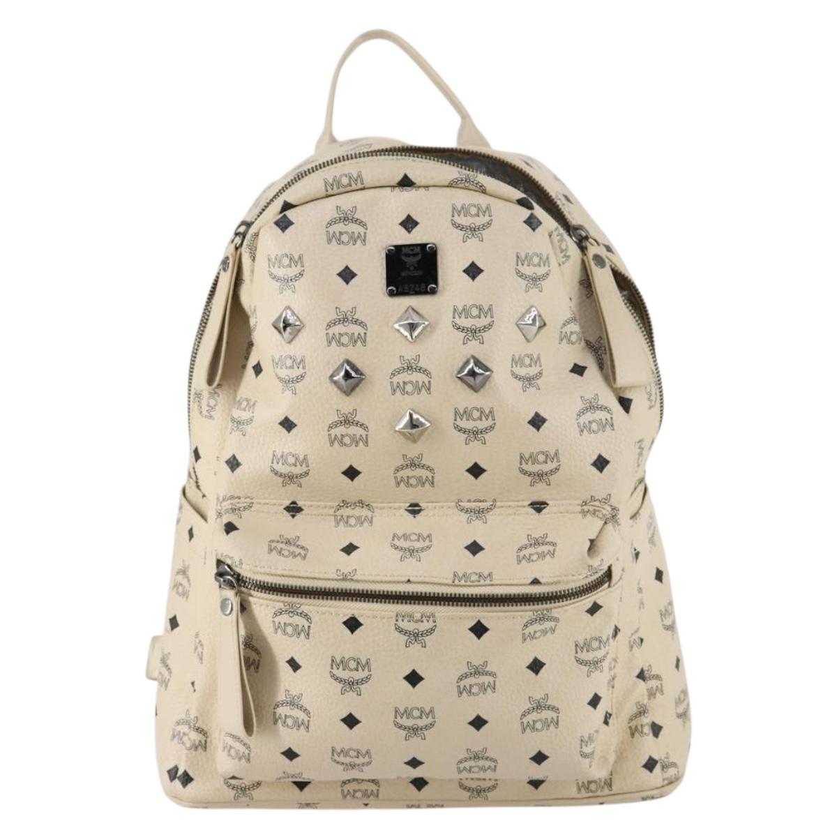 MCM Vicetos Logogram Backpack PVC Leather White Silver Auth gh883